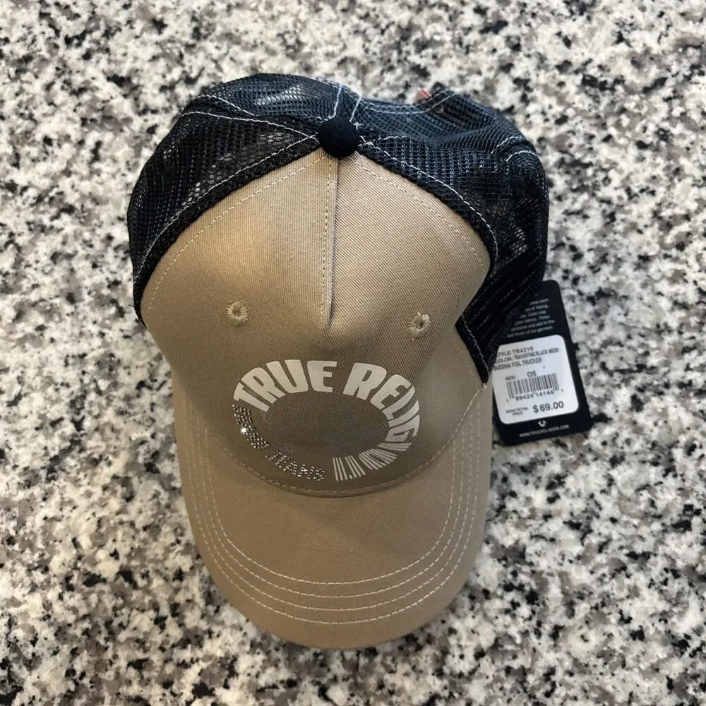 True Religion Buddha Trucker Hat Travertine Black Adjustable Mesh Back Men